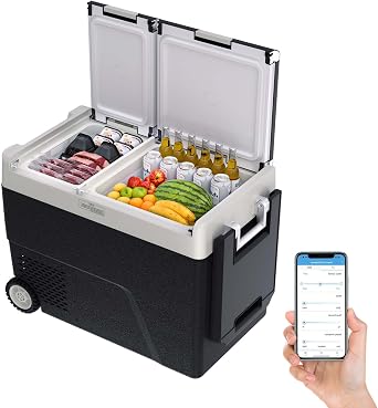 GarveeTech 51 QT Car Refrigerator, 12V Portable Electric Freezer, Dual Zone -4F-68F, App Control, Movable Wheels, for Camping, Picnic, Travel, Road Trip, Home, 12/24V DC & 110/240V AC