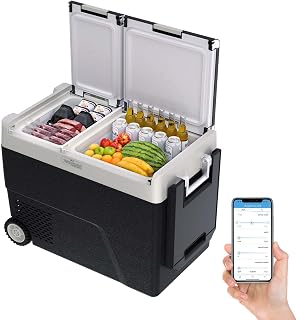 51 QT(48L) Portable Car Electric Cooler, 12V Refrigerator Fridge Freezer for Car, Dual Zone, -4℉~68℉, App Control, Wheels, AC/DC Charger for Camping, Picnic, Travel, Road Trip, Black