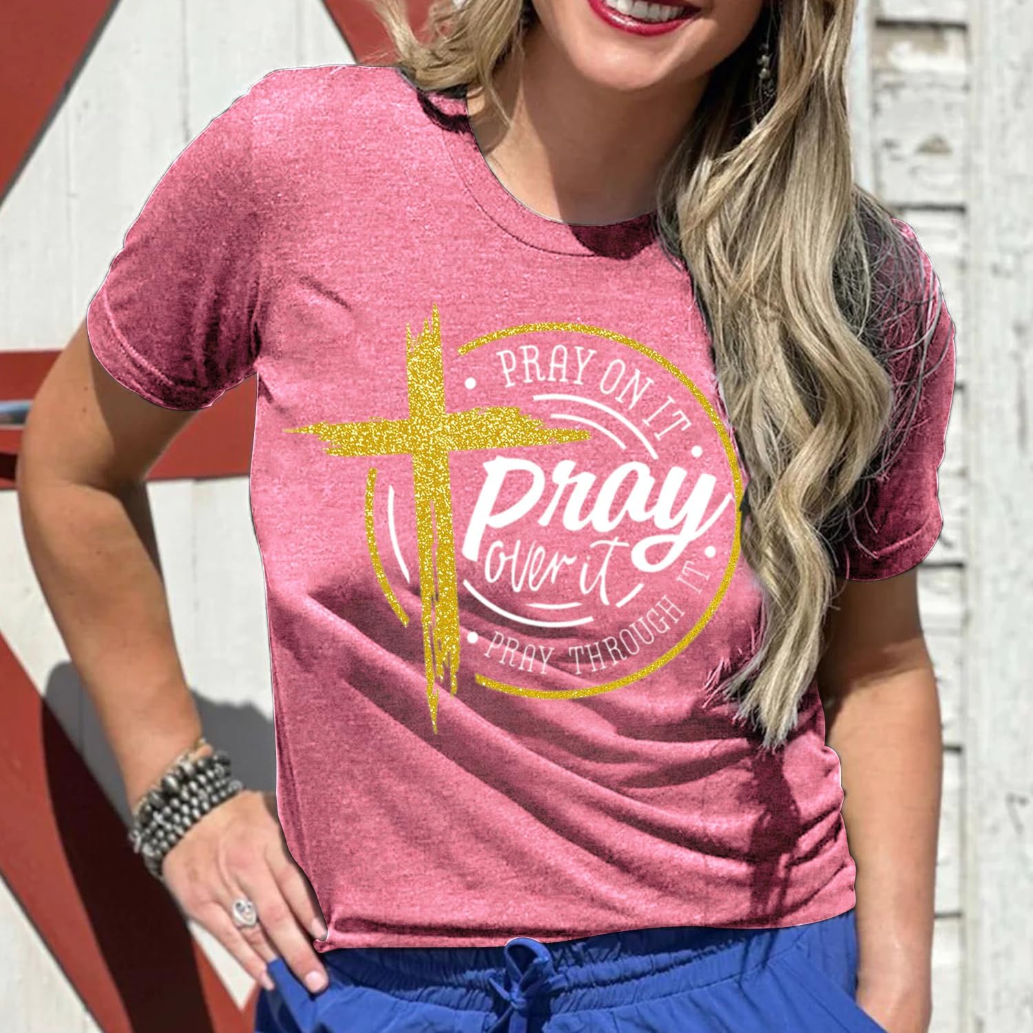 Christian Shirts for Women Pray On It Over It Through It T-Shirts Blessed Christian Faith Tees - Image 3