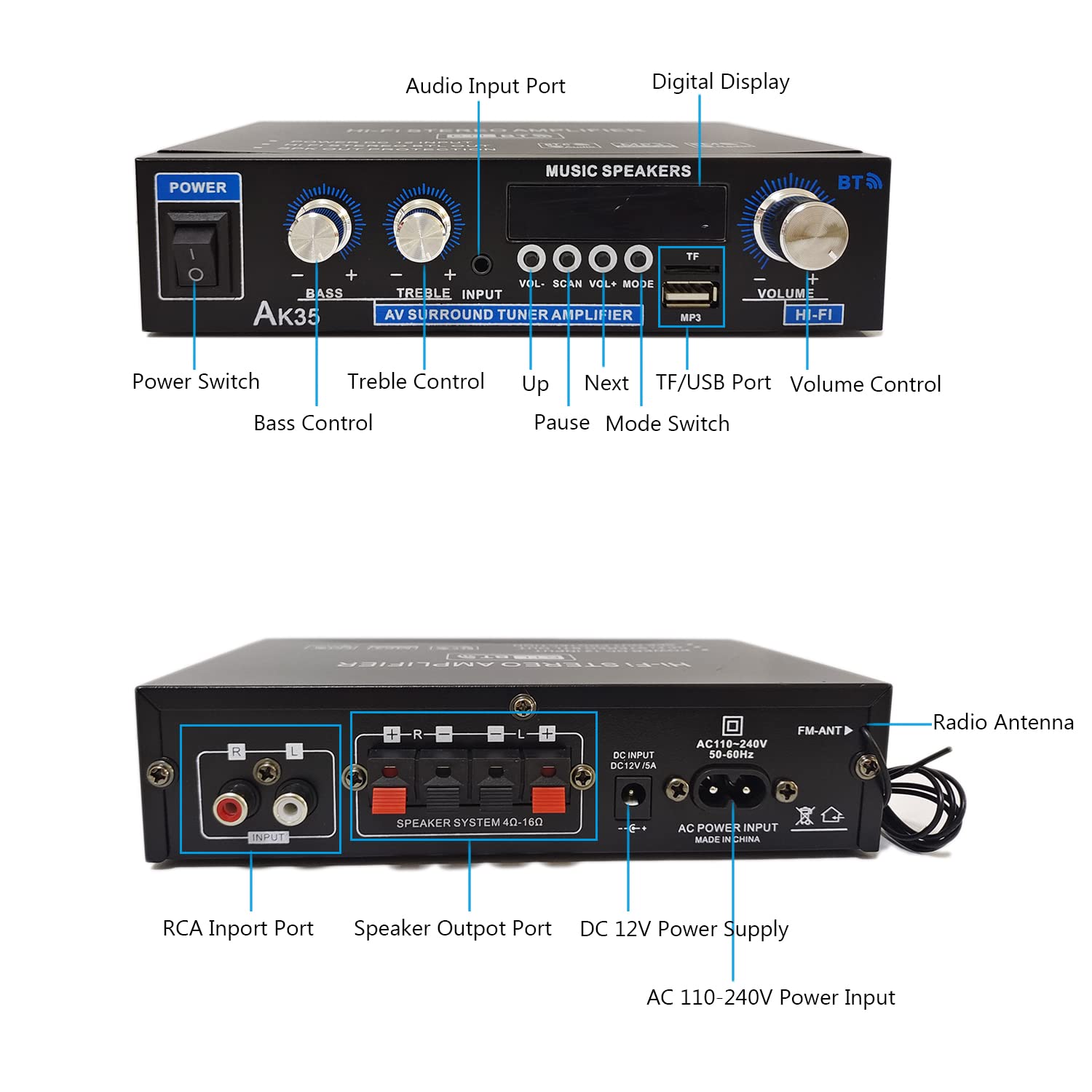 Bluetooth Mini Verstärker 2.0 Kanal 600 Watt Home Audio Stereo Hi-Fi Musik für Passiver Lautsprecher PC TV Auto