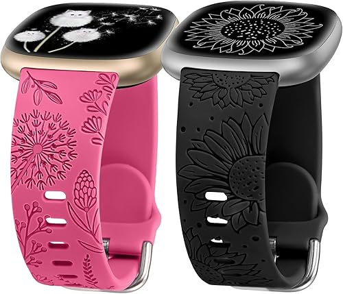 Miniatura 19 de Minyee Paquete de 2 correas grabadas florales compatibles con Fitbit Versa 4/Versa 3/Sense 2/Sense Band para mujer, lindo diseño de girasol