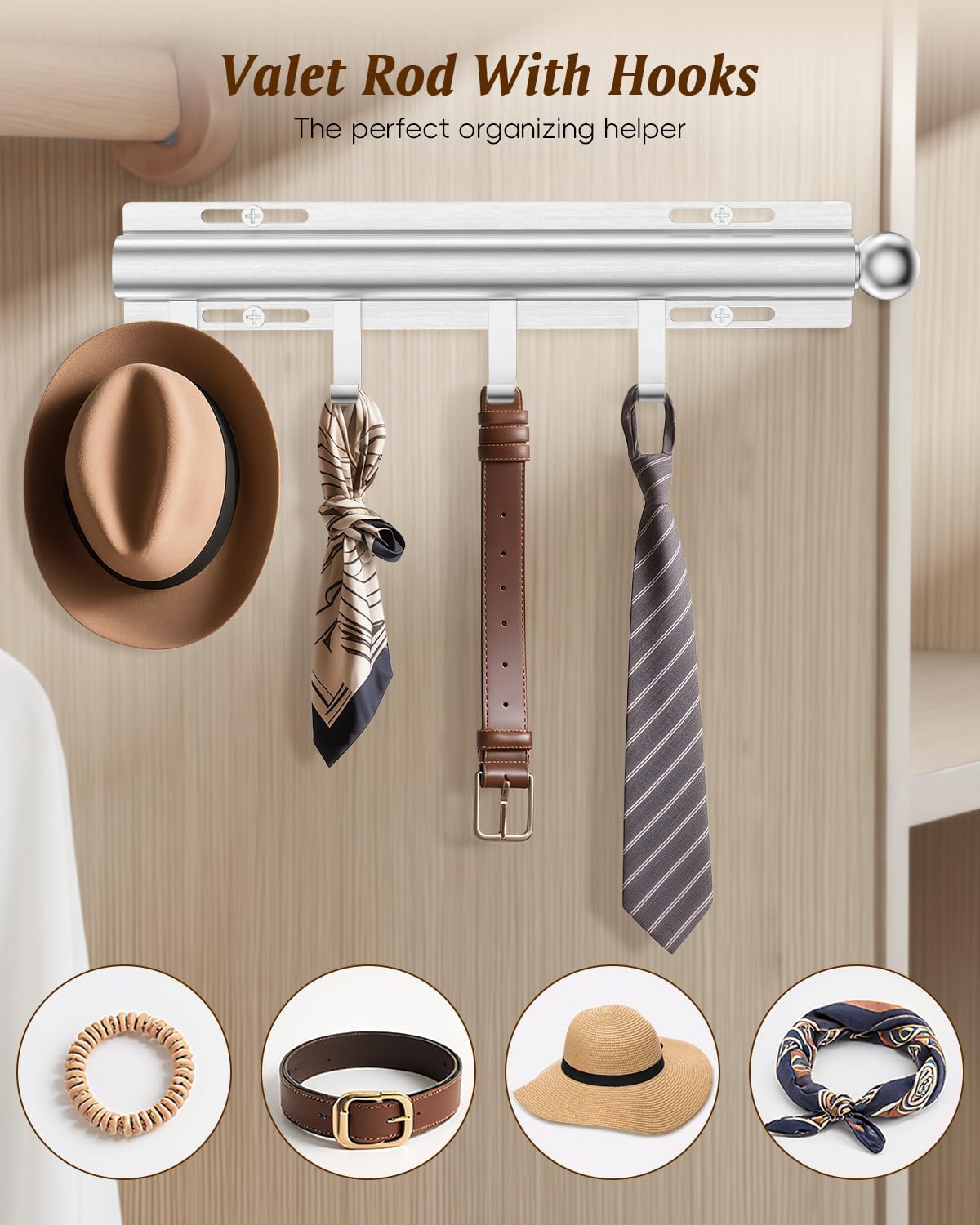 Supforce Valet Rod for Closets, 12" Valet Rod With 4 Hooks, Closet Organizer Slide Out Clothing Hanger Rods Extender Perfect for Suits,Dresses,Belt,Tie, Polished Chrome