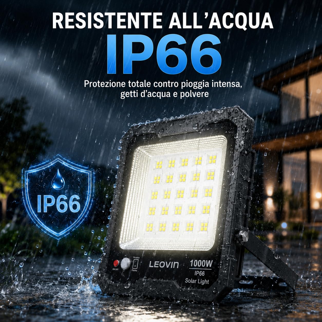 Generico Faretto Solare LED 1000W con Pannello Solare Esterno, Sensore di Movimento PIR, Telecomando, Batteria 5400mAh, 144 LED Alta Luminosità, Impermeabile IP66 per Giardino, Cortile, Garage