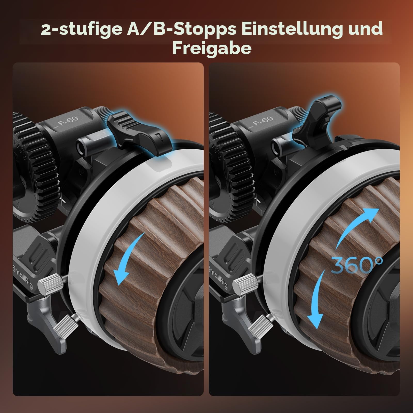 SMALLRIG Follow Focus F60 mit einstellbarem Dämpfungssystem und A/B-Stopps, Vorwärts/Rückwärtsschalter, Objektiv-Zoomsteuerung für DSLR und spiegellose Kameras, Inklusive 15mm Rod & Rod Clamp-5163