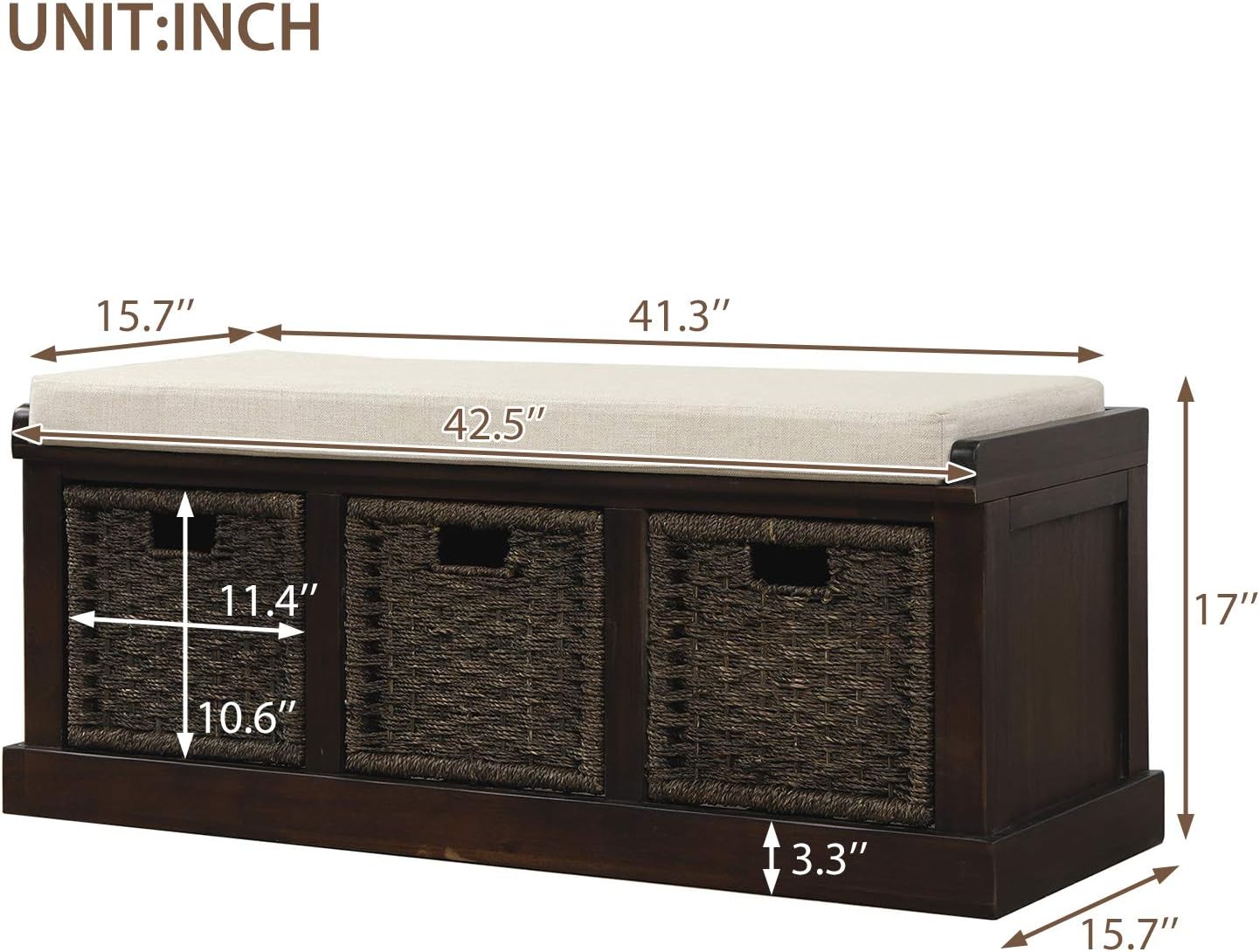 Harper&Bright Designs Entryway Rustic Storage Bench with 3 Removable Basket, Shoe Bench with Removable Cushion for Living Room, Entryway, Hallway