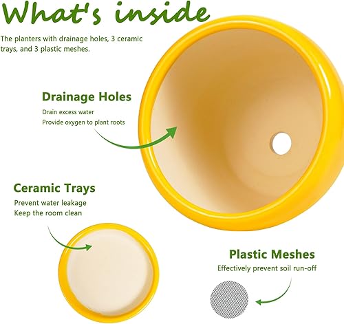 Miniatura 6 de Juego de 3 macetas de cerámica modernas redondas de 10+8+6 pulgadas con agujeros de drenaje y bandejas para plantas de interior y exterior,