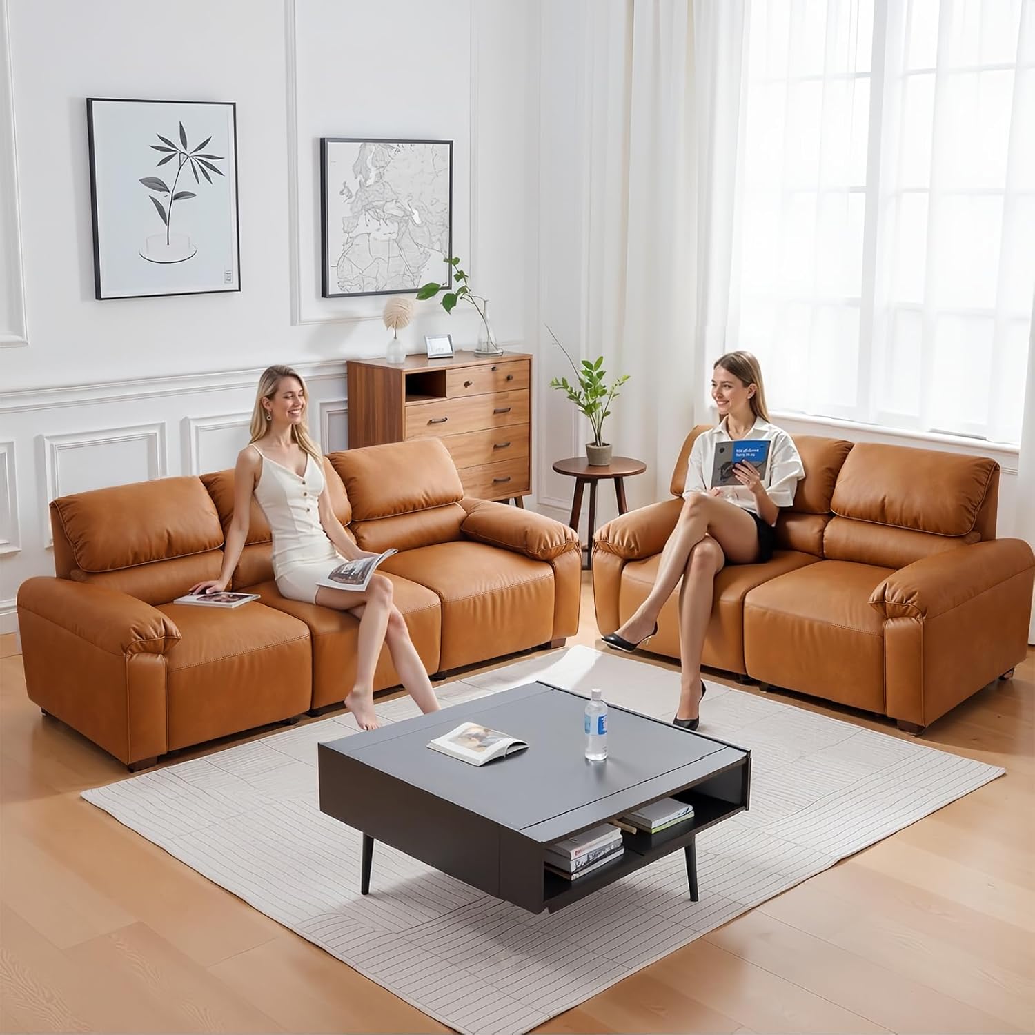 2-Peice PU Faux Leather Sofa Set, 5 Seats Couch, with Deep Seats,Wide Arm,and Wood Legs, 3 Seater & Loveseat for Living Room, Mid-Century Modular Modern Oversized Couch Set, (Brown,3+2)