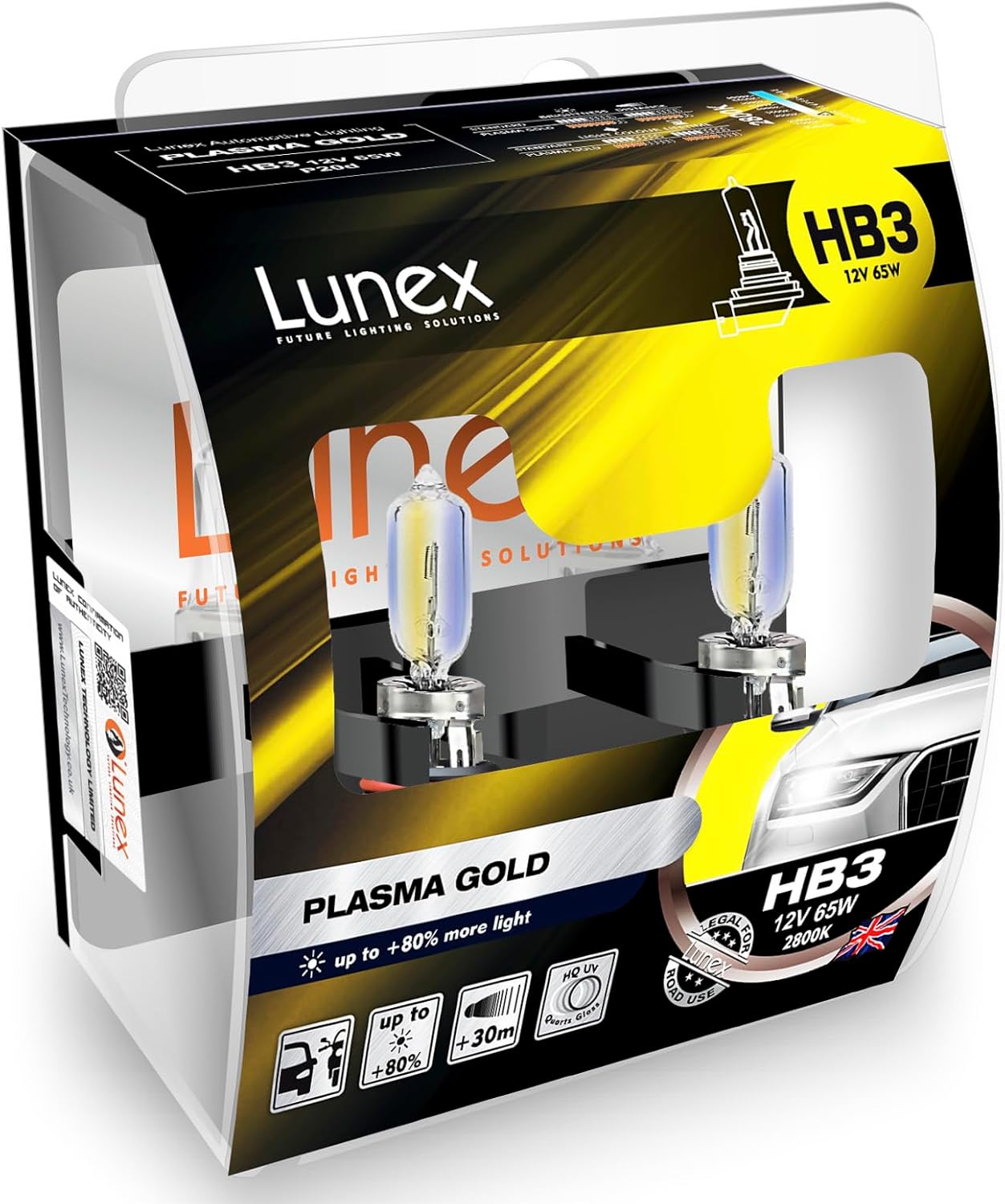 LUNEX HB3 9005 PLASMA GOLD Headlight Halogen Bulbs 12V 65W P20d + yellow light 2800K duobox (2 units)