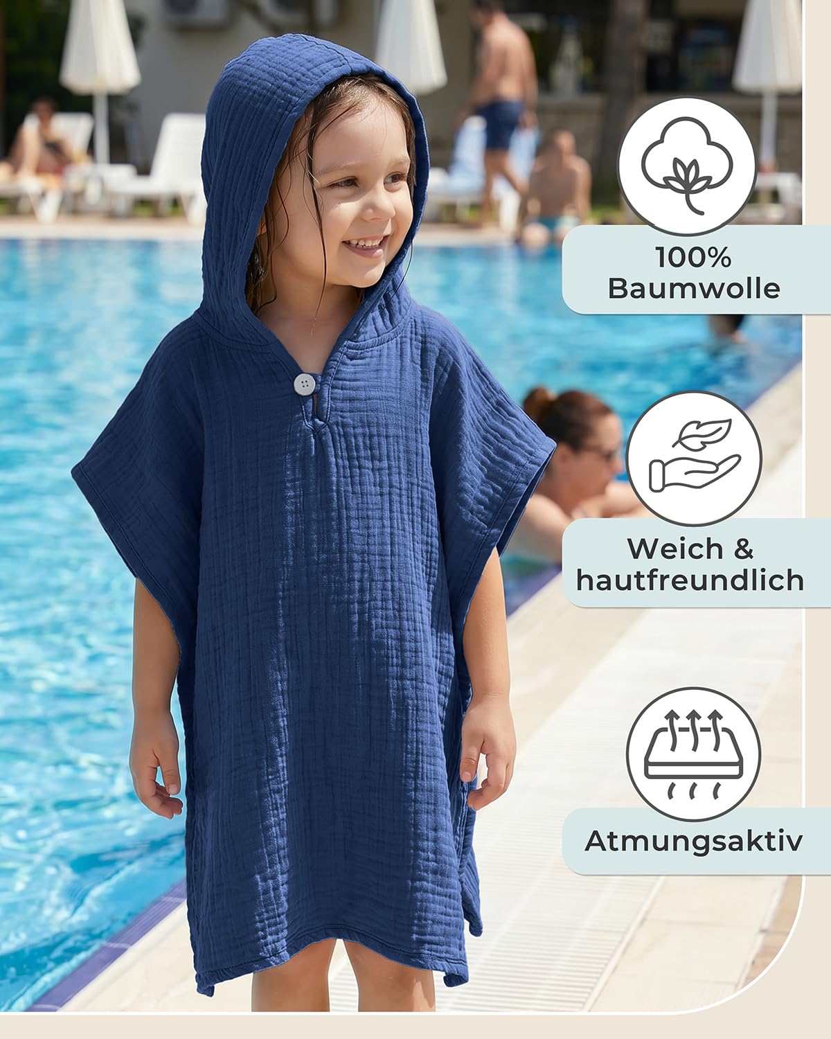 LAYNENBURG Premium muślinowe ponczo kąpielowe dla dzieci z kapturem – 100% bawełna – Öko-Tex – ręcznik kąpielowy dla niemowląt – jako ponczo plażowe, ponczo surfingowe, ręcznik kąpielowy dla dziewcząt