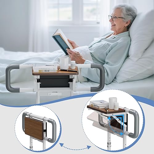 Miniatura 3 de Rieles de cama para adultos mayores con mesa auxiliar plegable, tamaño Queen con organizador de almacenamiento y luz nocturna inteligente, riel de