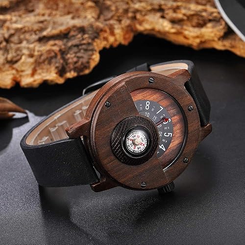 Miniatura 8 de GORBEN Reloj con brújula y tocadiscos de madera para hombre, elegante reloj de pulsera de madera para hombre, reloj de cuarzo ligero hecho a mano