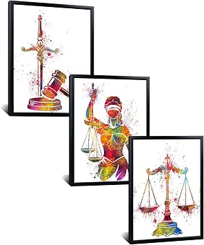 Kalormore Framed Law Firm Scales Justice Hammer Picture Lawyer Office Decor Art Justice Lady Watercolor Art Print Poster Scales of Justice Lawyer Office Decor 12"x16"x3pcs Black