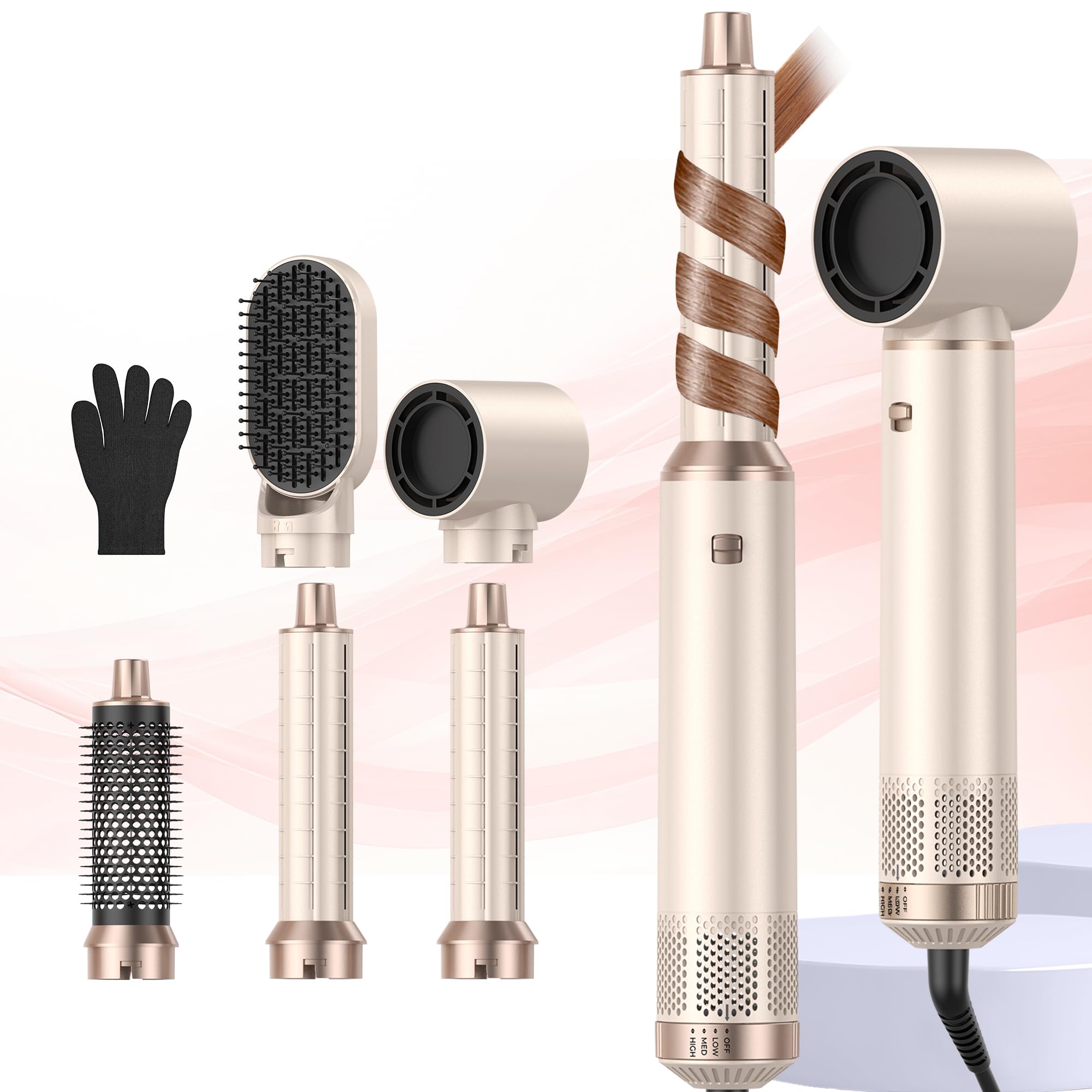 OKWRAP Airbrush 5 en 1, Hair Styler Air Brush 5 en 1 Air Styler avec Seche Cheveux, Brosse Soufflante, Fer a Boucler, Thermal Brush, Brosse Lissante Seche Cheveux 5 en 1 pour Sécher, Boucler, Lisser
