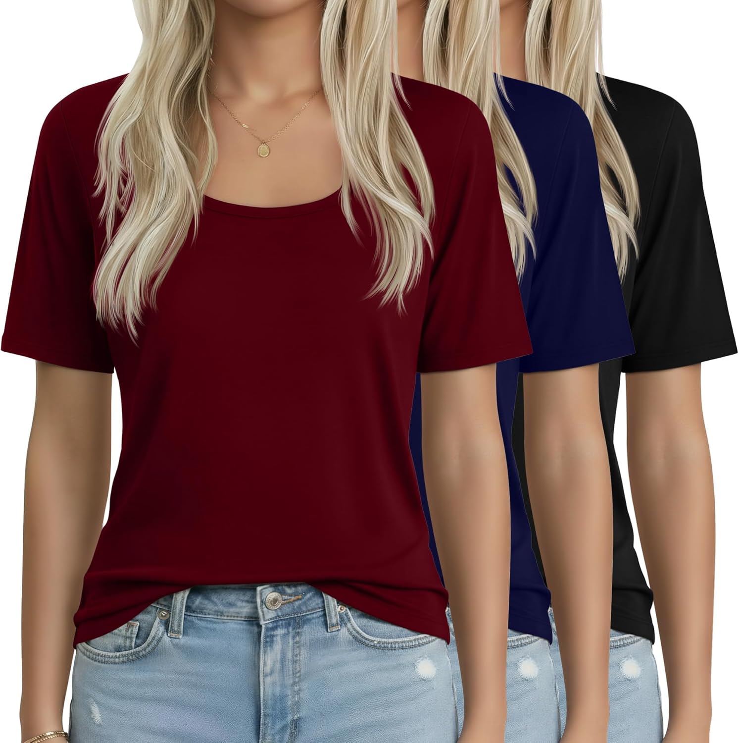 Neer 3 Pack Women's Scoop Neck Short Sleeve Tops Loose Fit Basic Casual T Shirts Lounge Layer Tees Summer