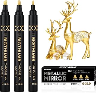 3Pcs Liquid Chrome Paint Markers, Gloss Mirror Marker, Oil-based Permanent Chrome Maker, Reflective Metallic Pen Markers for Repairing, Model Painting DIY Art Projects, Gold