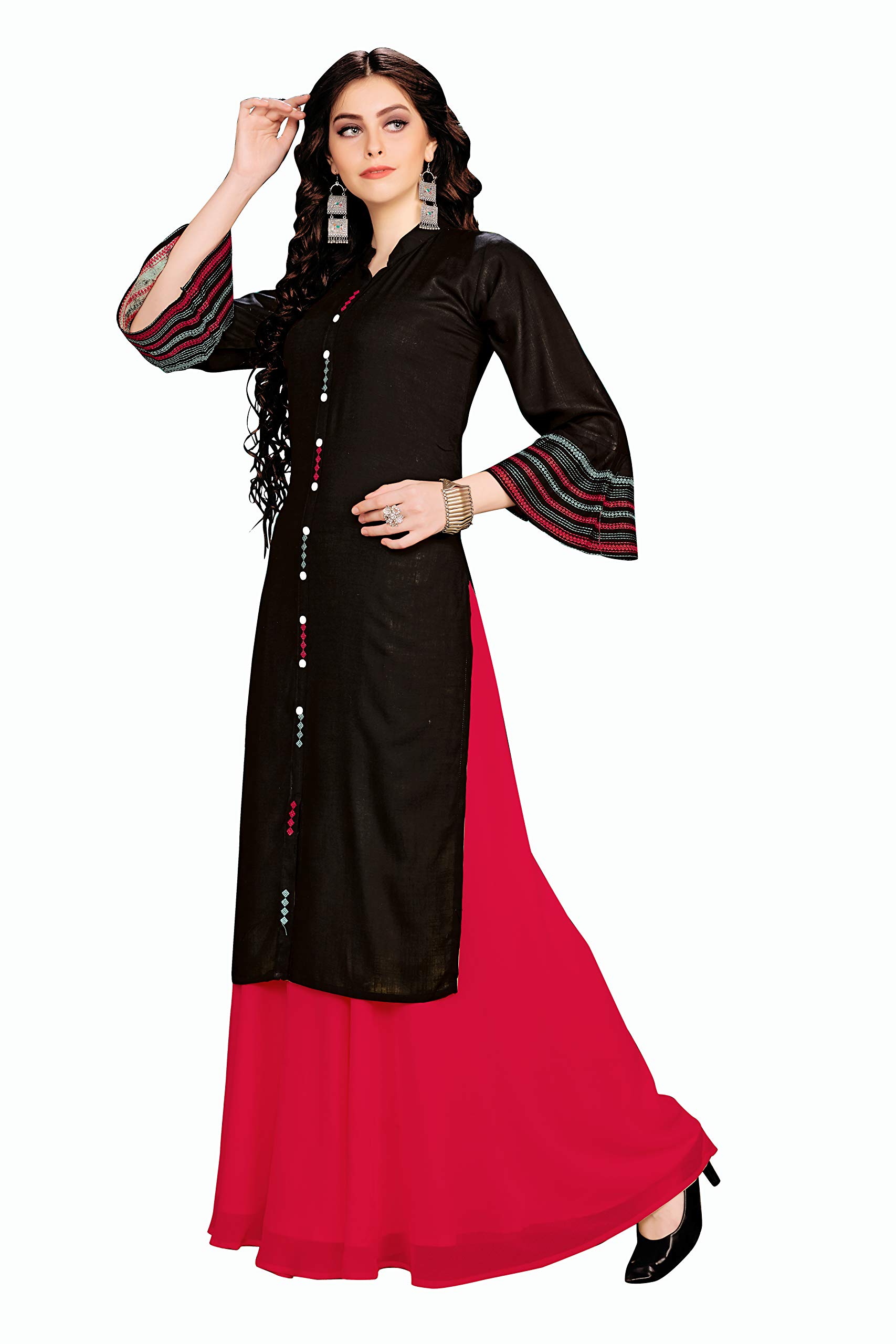 RATAN Women High Rise Georgette Flared Freesize Relaxed Fit Sharara Palazzo Pant With Lining (Red_Onesize) 4
