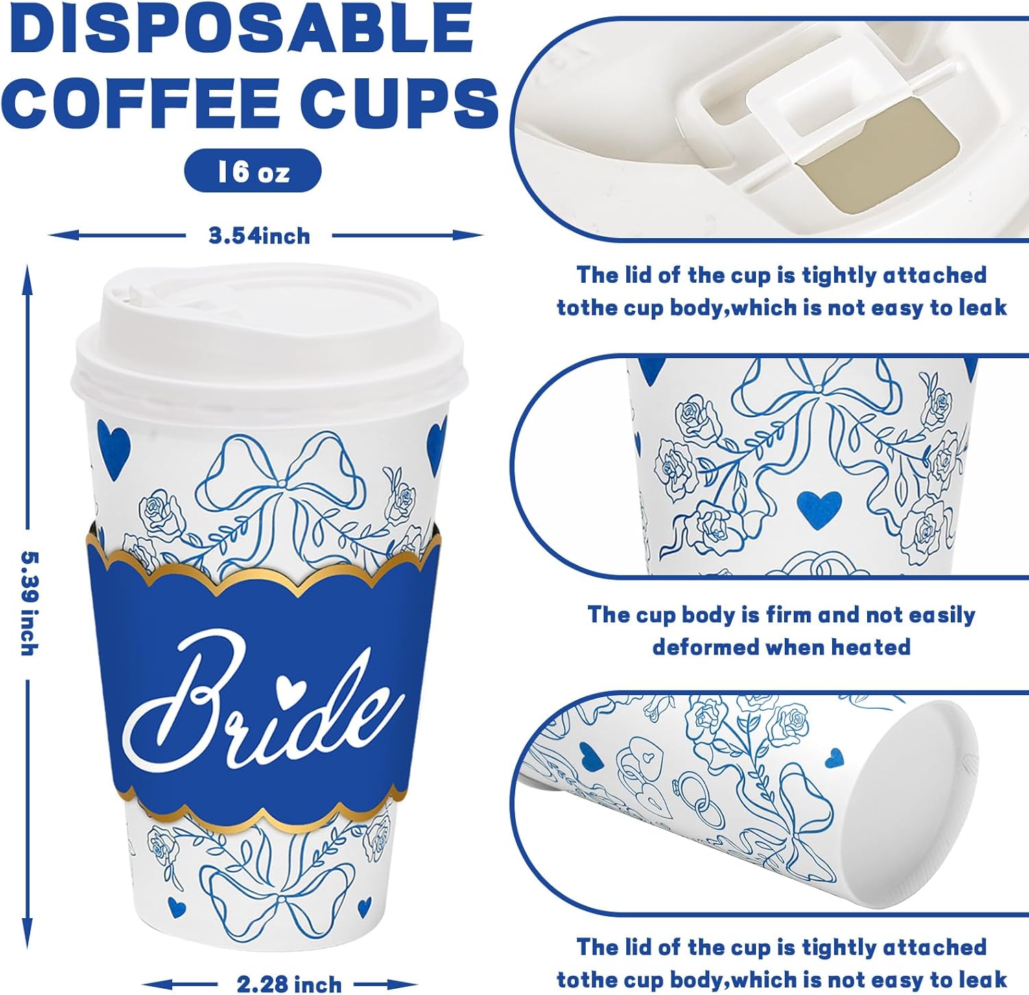 JarThenaAMCS 50 Sets Wedding Coffee Cups with Lids Sleeves 16oz Bride Paper Cups Blue Floral Heart Bow Disposable To Go Coffee Cup for Bridal Shower Cappuccino Chocolate Beverage Cocoa - Image 2