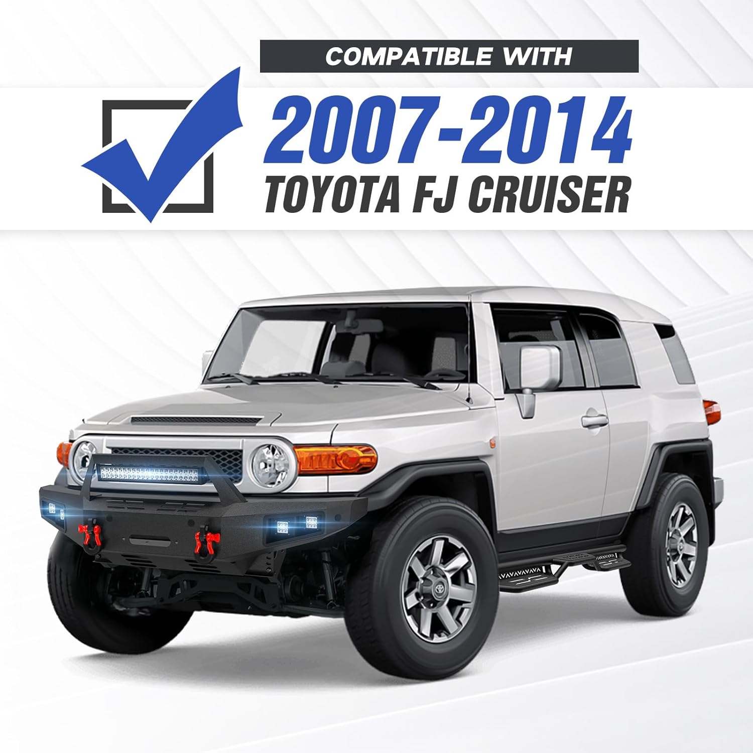 YZONA Front & Rear Bumper Compatible with 2007-2014 Toyota FJ Cruiser with Spare Tire Carrier, Oil Drum Rack, Winch Plate, Skid Plate, Sensor Holes, LED Lights, License Frame, Tow Hitch Plate, D-rings