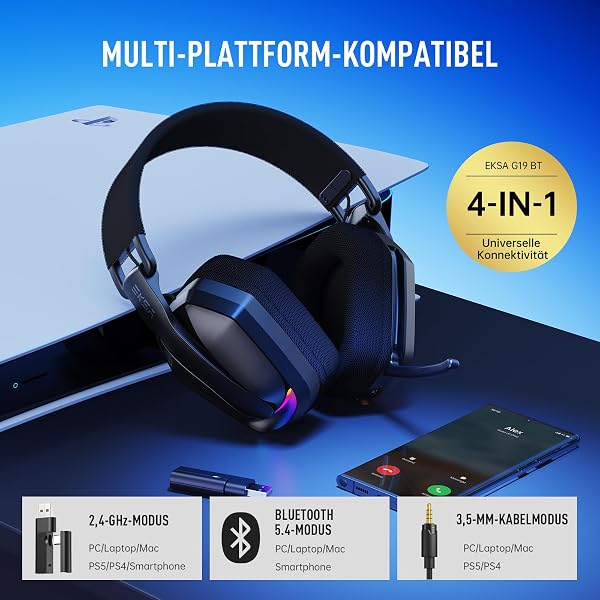 EKSA 2.4GHz Wireless Gaming Headset für PS5/PS4, PC, Switch, Mac, Bluetooth 5.4 Gaming Headset mit Mikrofon,169g Ultraleicht, RGB, Typ-C, 35 Stunden Akkulaufzeit, PC Gaming Kopfhörer - 2
