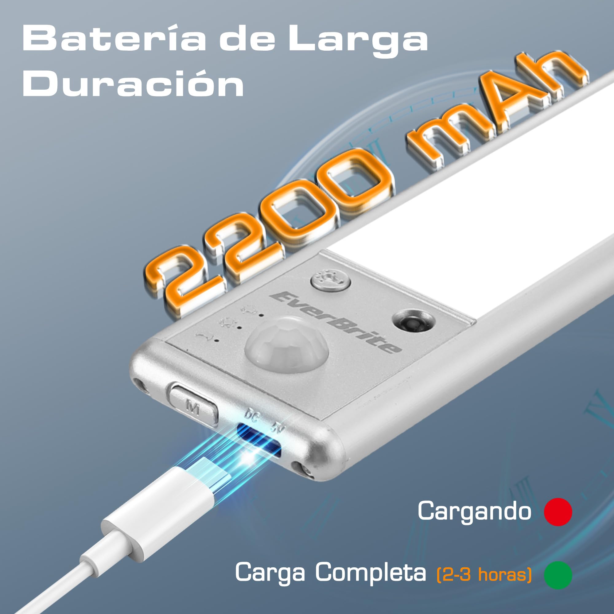 EverBrite 2-Piezas Luz LED con Sensor Movimiento, Luz Led Recargable con Control Remoto, 78 LED, 3 Modos, Batería de 2200mAh, Luz Ajustable 3000K/4000K/6500K, para Armario, Escalera, Cocina, Pasillo