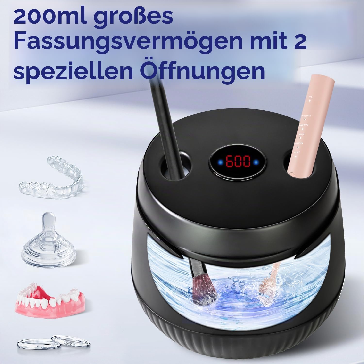 MySmile MS100 Ultraschallreinigungsgerät Zahnschiene mit UV Licht und Timer | 45 kHz, 4 UV, 2 Modi, 200ML, Handlich, Geräuscharm, für Zahnersatz, Mundschutz, Zahnbürstenköpfe, Aligner, Jetzt Schwarz