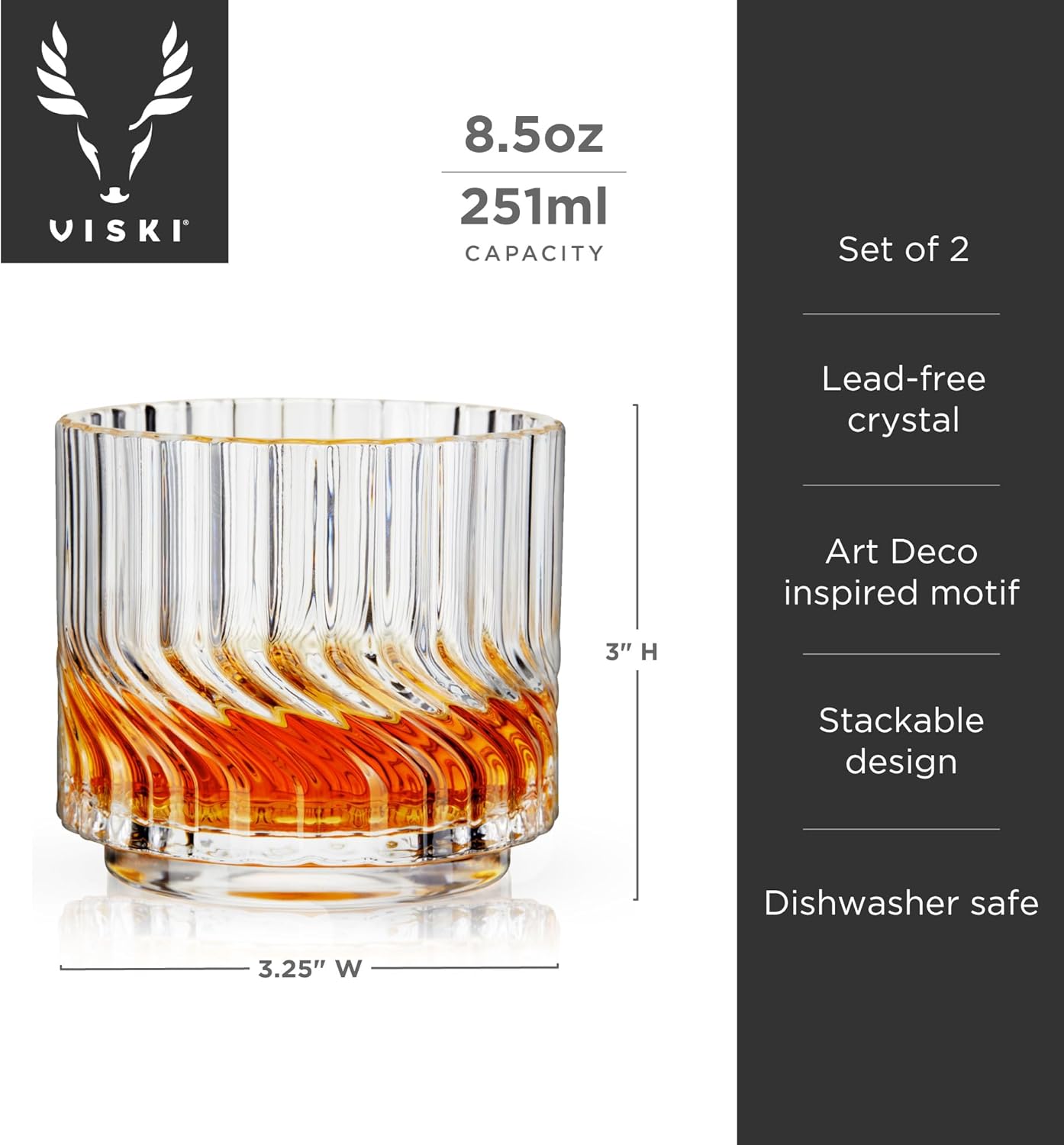 Viski Zephyr Crystal Lowball Tumblers, Elegant Cut Crystal Whiskey Glasses, Perfect for Scotch, Bourbon, Cocktails, and Neat Spirits, Ideal for Hosting Parties, Home Bar Accessories, 8.5 oz, Set of 2 - Image 3