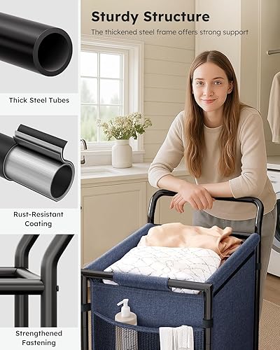 Miniatura 2 de SOLEDI Cesta doble para la ropa sucia con ruedas, 36 galones (135 litros), cesta grande de 2 secciones, marco de metal resistente con asa, carrito