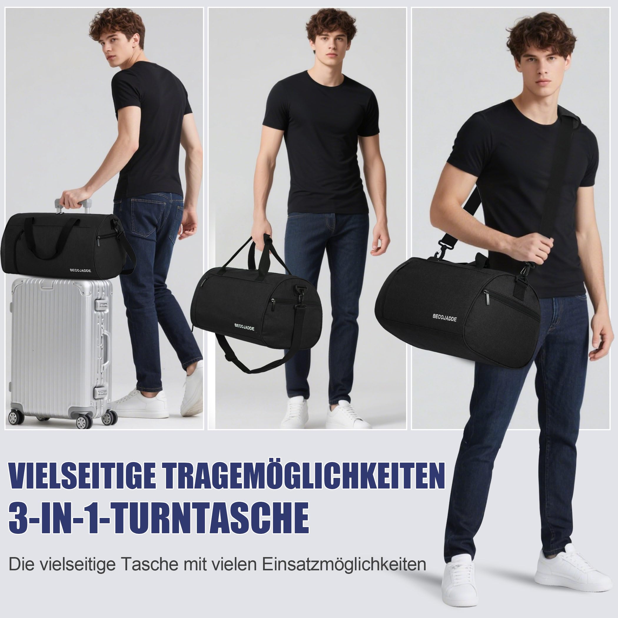 BECOJADDE Sporttaschen für Damen und Herren, 25L Reisetasche Duffel Bag Übernachtungstasche mit Schuhfach & Nassfach, wasserdichte Handgepäcktasche für Sport, Fitnessstudio, Schwimmen, Schwarz