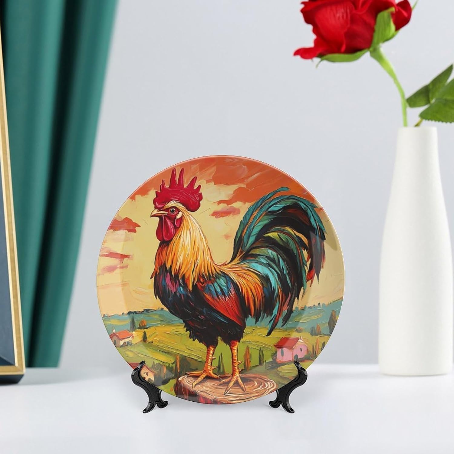 Rooster Standing on A Tree Stump Decorative Plates for Display Ceramic Plate Tray with Stand Hanger Home Decor