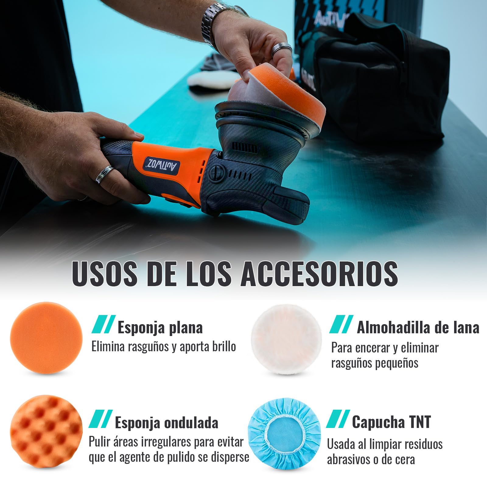 AUTIWOZ 630W Pulidora Coches Orbital 9mm,125mm Kit de Pulido,Excéntrica Máquina de Pulido,Pequeña Pulidora con 6 Velocidades Variables (2000-6200 rpm), para Detallado Automotriz-W01