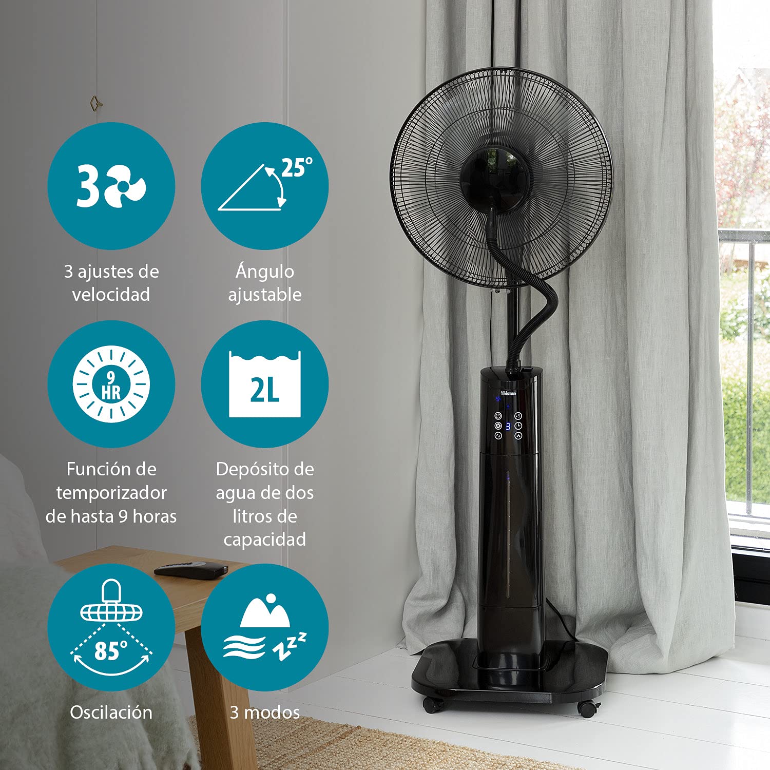 Tristar VE-5884 Ventilador nebulizador, 40 cm de diámetro, temporizador 1-9 h, oscilante 85°, 3 ajustes de velocidad, Ángulo ajustable 25°, tanque de agua de 2 L, mando a distancia, 70 W