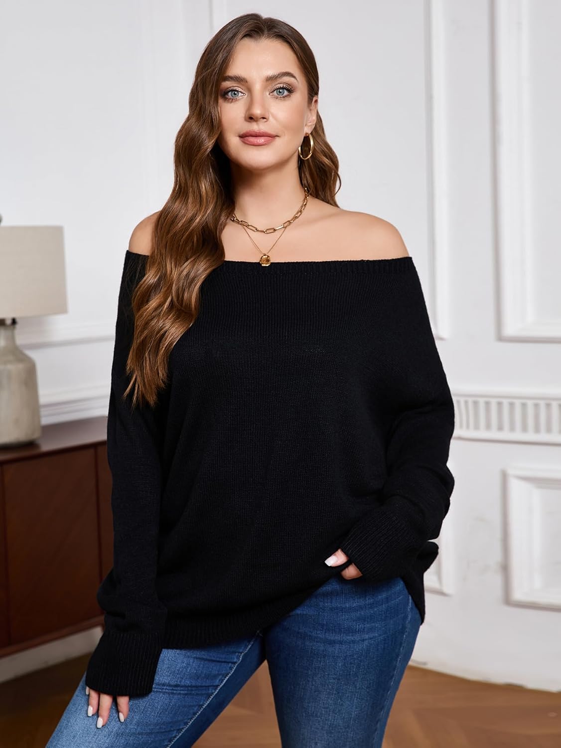 SOLY HUX Women's Plus Size Sweater Off Shoulder Long Sleeve Fall Sweaters Loose Lightweight Pullover Tunic Tops - Image 6