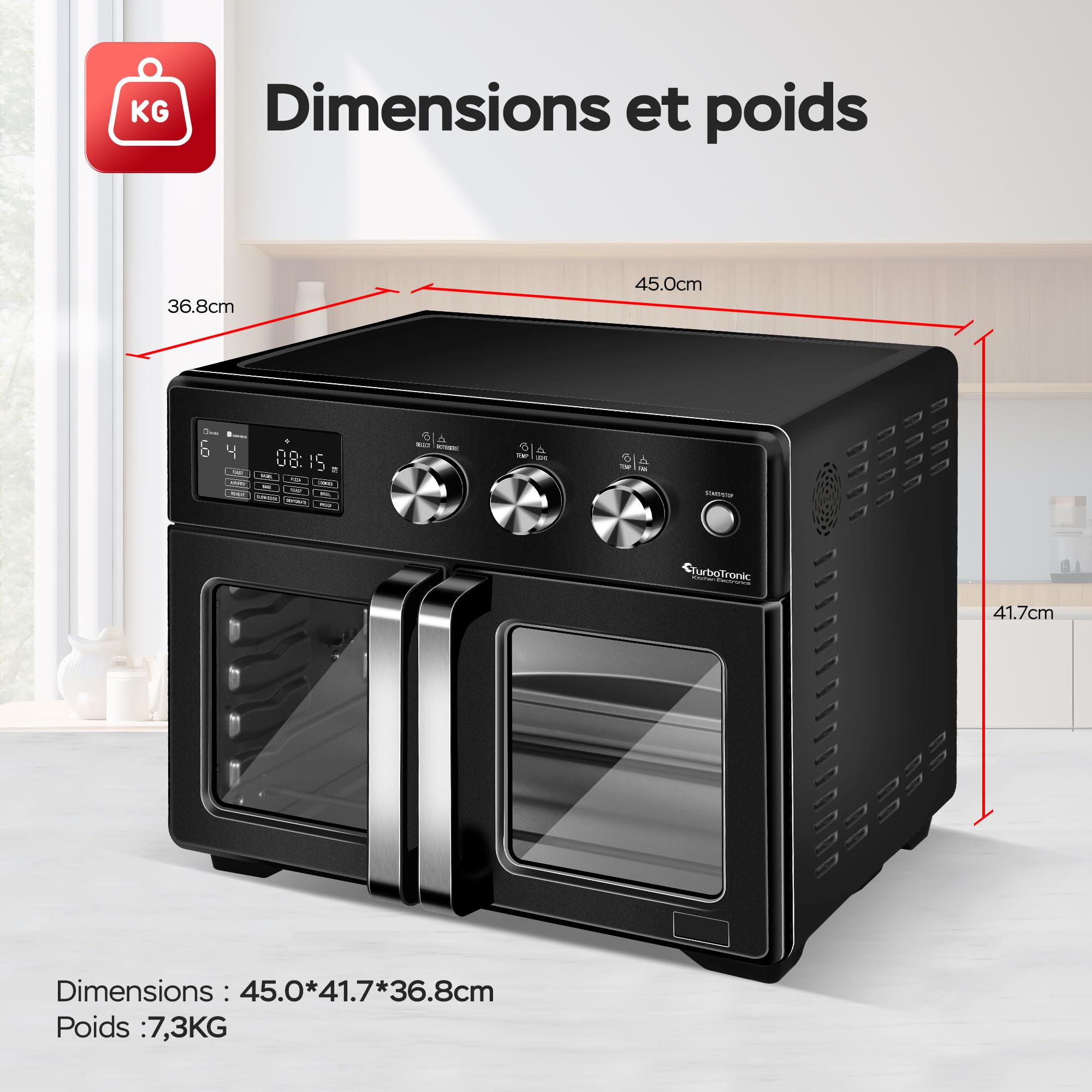 TurboTronic Mini four, four à air chaud 4 en 1 et friteuse à air chaud, version XXL 32 L, y compris tournebroche et de nombreux accessoires, plaque de cuisson, déshydrateur à partir de 25 °C & grill