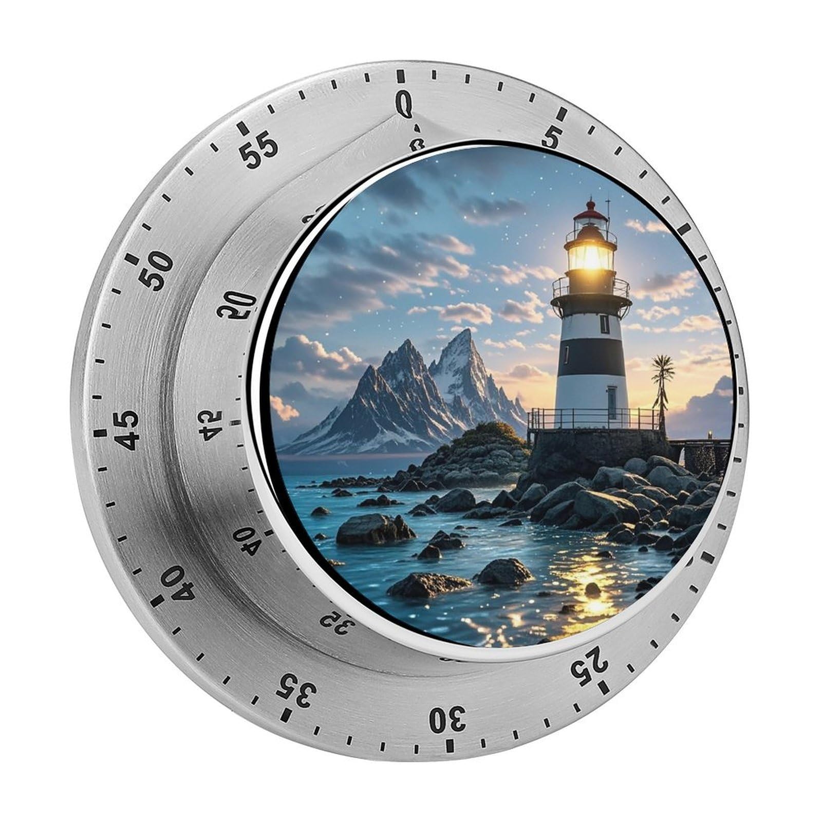 Lighthouse by The Sea Fashion Visual Timers Wind Up 60 Minutes Desk Stainless Steel Magnetic Timer Countdown Clock No Batteries Loud Alarm for Kitchen Chef Cooking