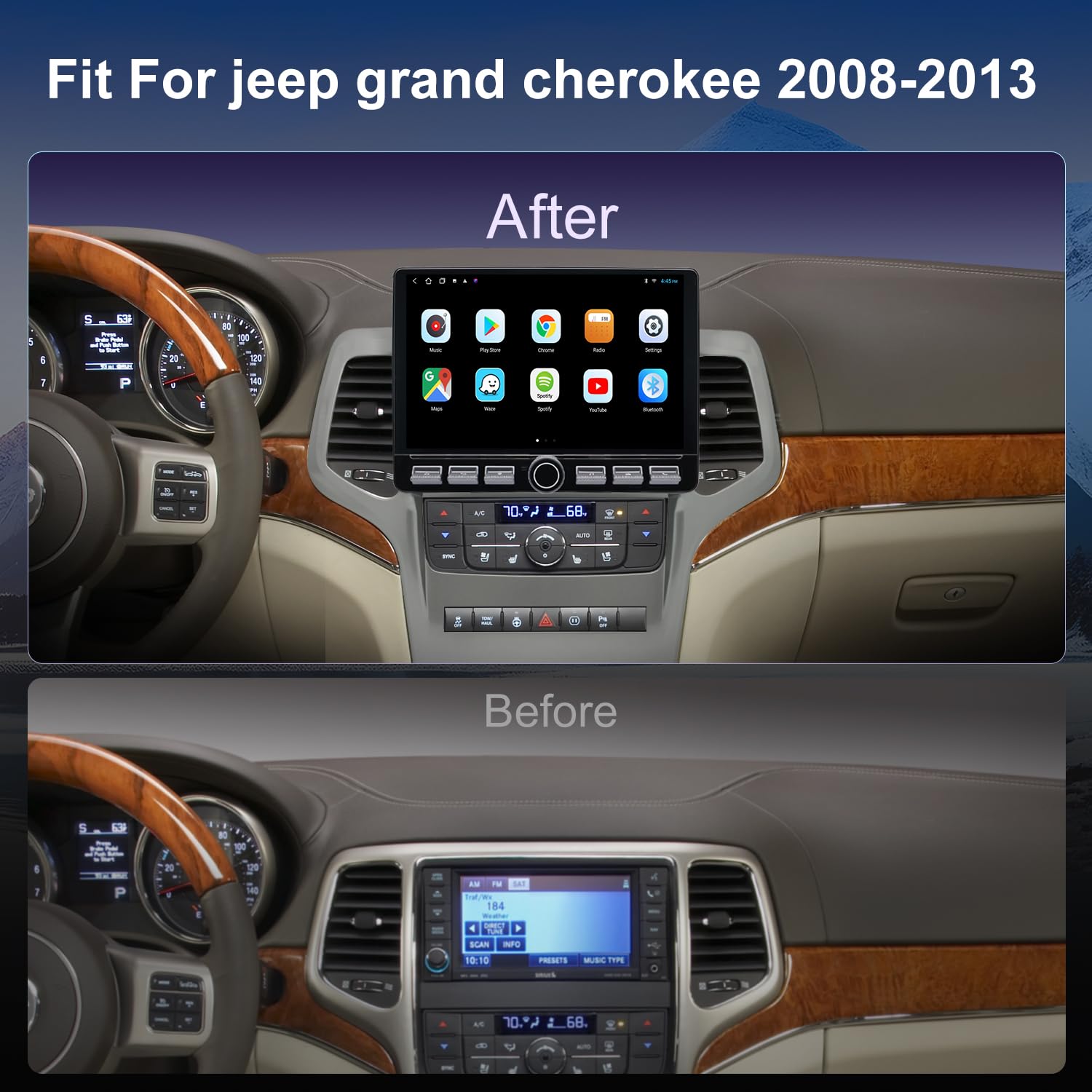 4G LTE QLED Radio for Jeep Grand Cherokee 2011 2012 2013 Upgrade | 8-Core CPU Touch Screen Stereo | Wireless CarPlay & Android Auto | Support OEM SWC and Free Camera