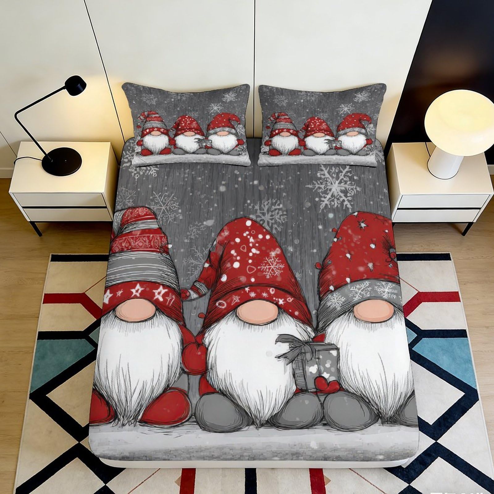 3D Printed Christmas Gnome Fitted Sheet Microfiber Soft Grey Red Snowflake Nordic Bed Cover for Bedroom Guest Room Decor 160x200x25cm