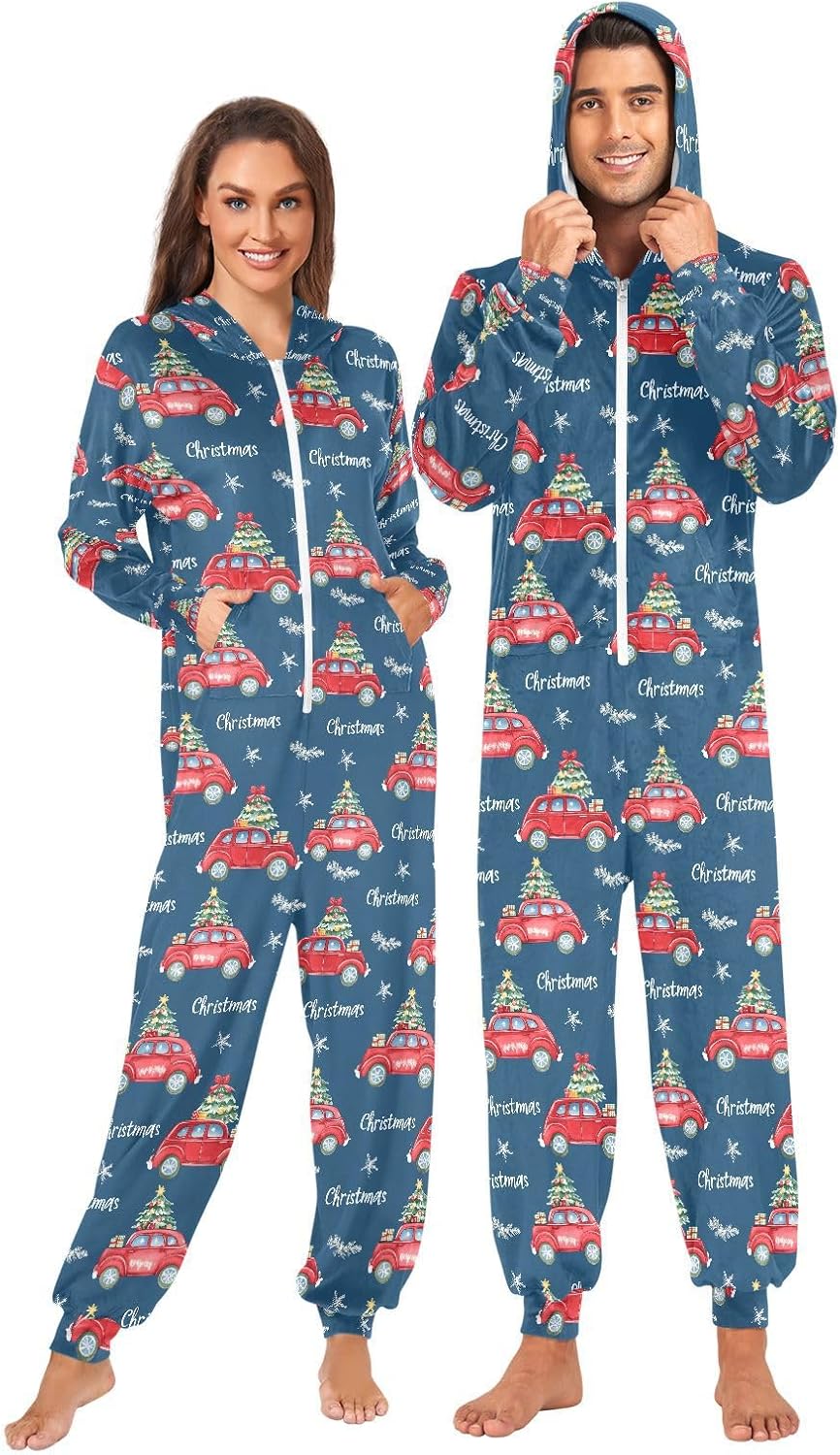 ALAZA Watercolor Christmas Tree Car Blue Adult Onesie Unisex Pajamas One-Piece Costume Hooded Jumpsuit Sleepwear for Men Women XS