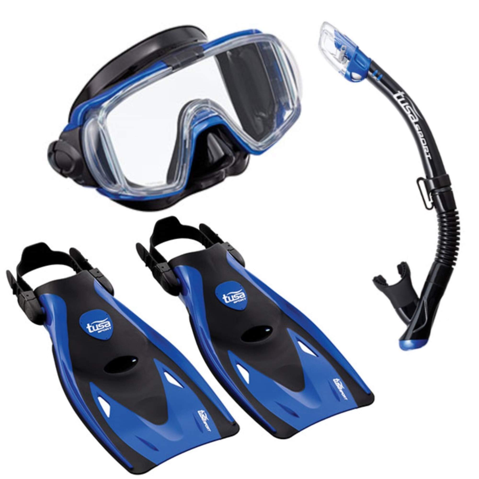 TUSASport Adult Black Series Visio Tri-Ex Mask, Dry Snorkel, and Fins Travel Set,