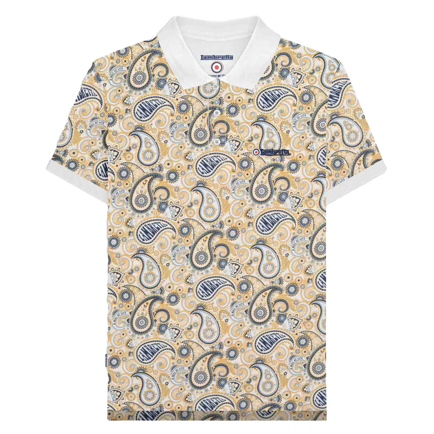 Lambretta Mens Paisley Brand Three Button Polo Shirt - White/Navy - XL