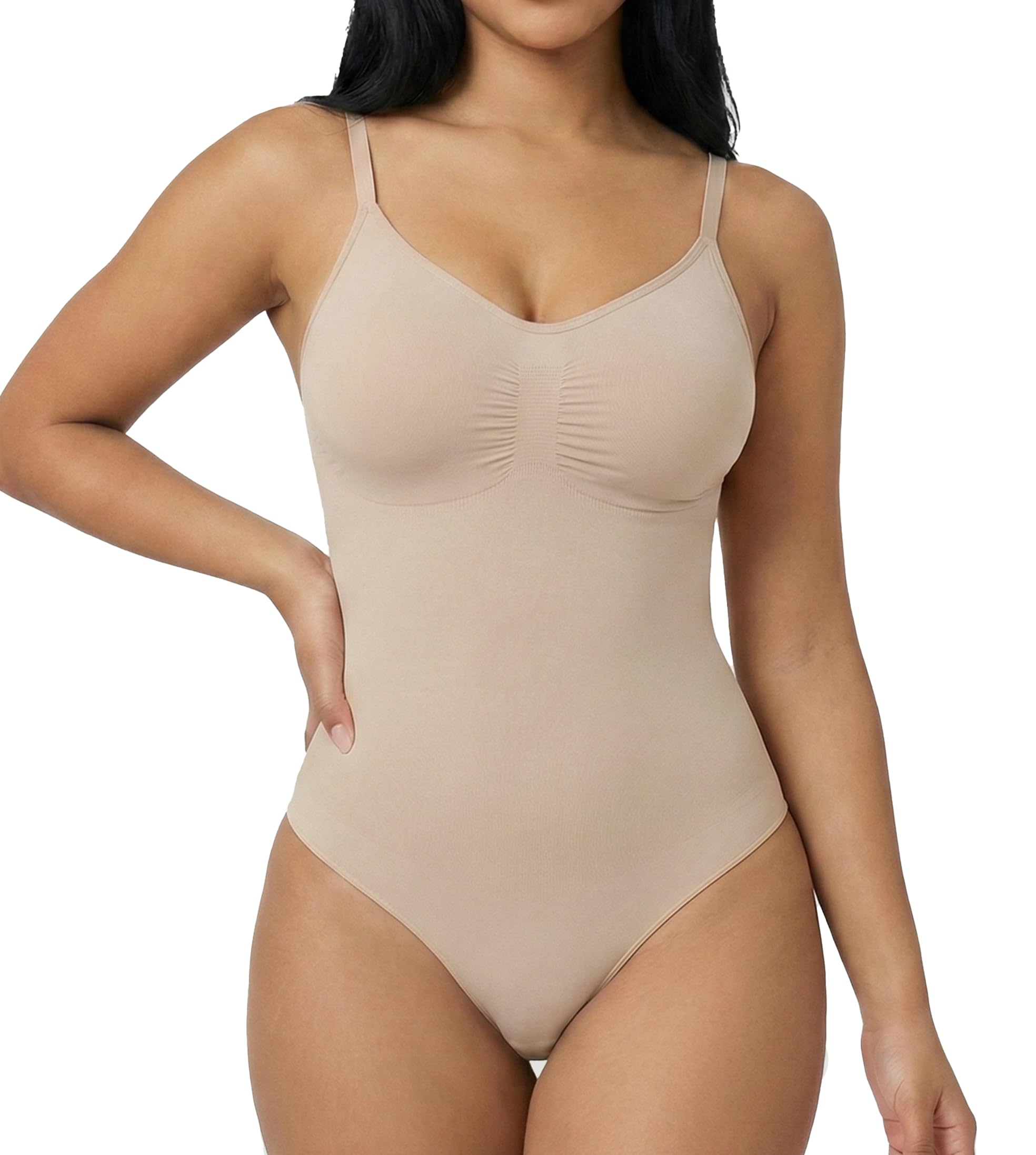 Conturve Women's Shapewear Bodysuit Tummy Control Body Shaper Seamless Sculpting Waist Body Suit Thongs (Beige - M)