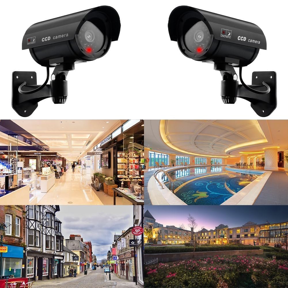 ERWEY 2PCS Caméras factices Caméra Fausse Caméra de Surveillance avec LED Infrarouge Clignotante Rouge d'avertissement pour Exterieur et Intérieure, Noir