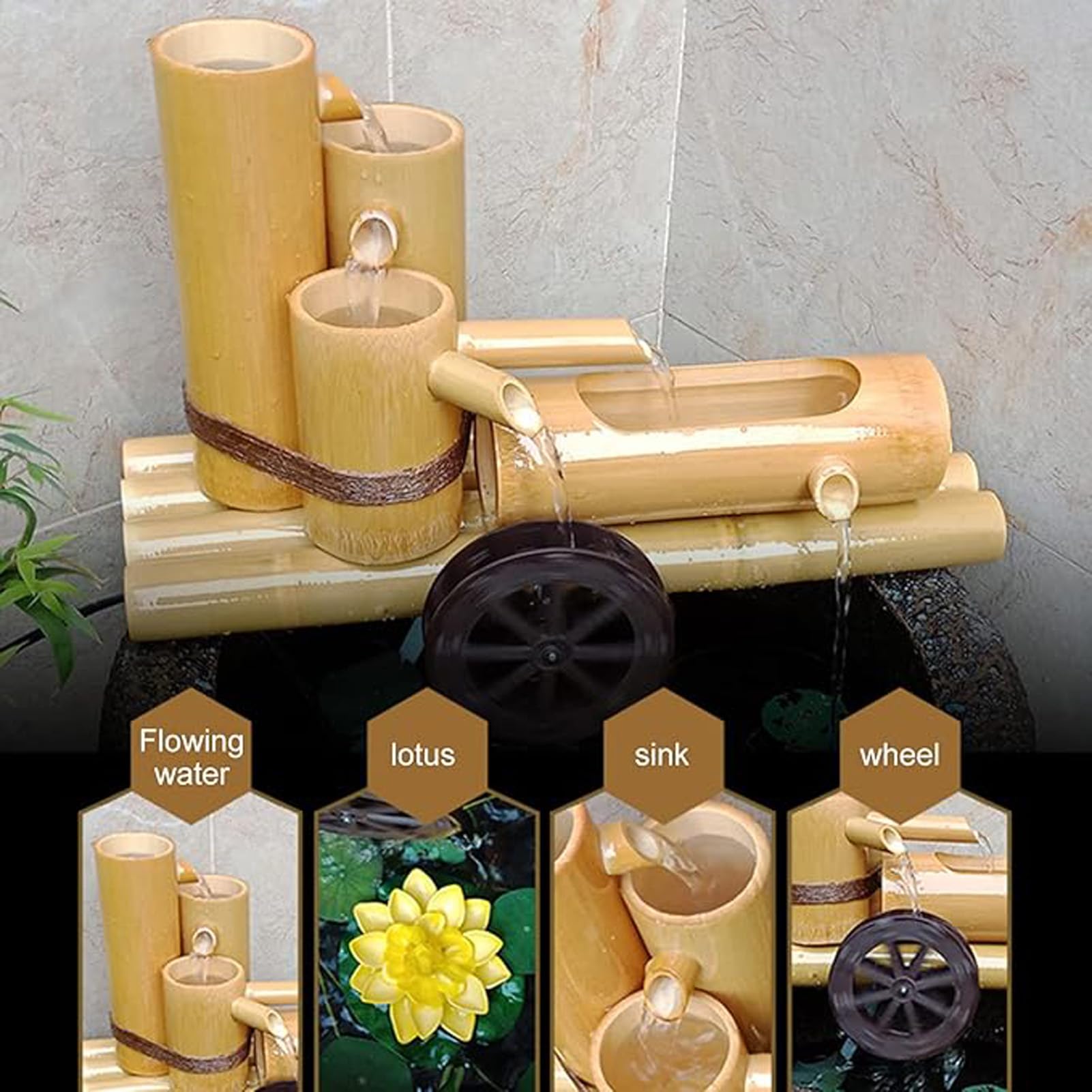 Fontaine d'eau en Bambou Naturel, Fontaine de Jardin Zen, Ornement d'eau en Circuit fermé pour Aquarium, décoration de Bassin, pour Bain d'oiseaux, étang, Cour, Jardin, 80 cm x 80
