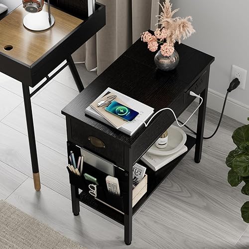 Miniatura 9 de Juego de 2 mesas auxiliares, mesa auxiliar con estación de carga y puertos USB, mesita de noche de 2 niveles con almacenamiento, mesita de noche