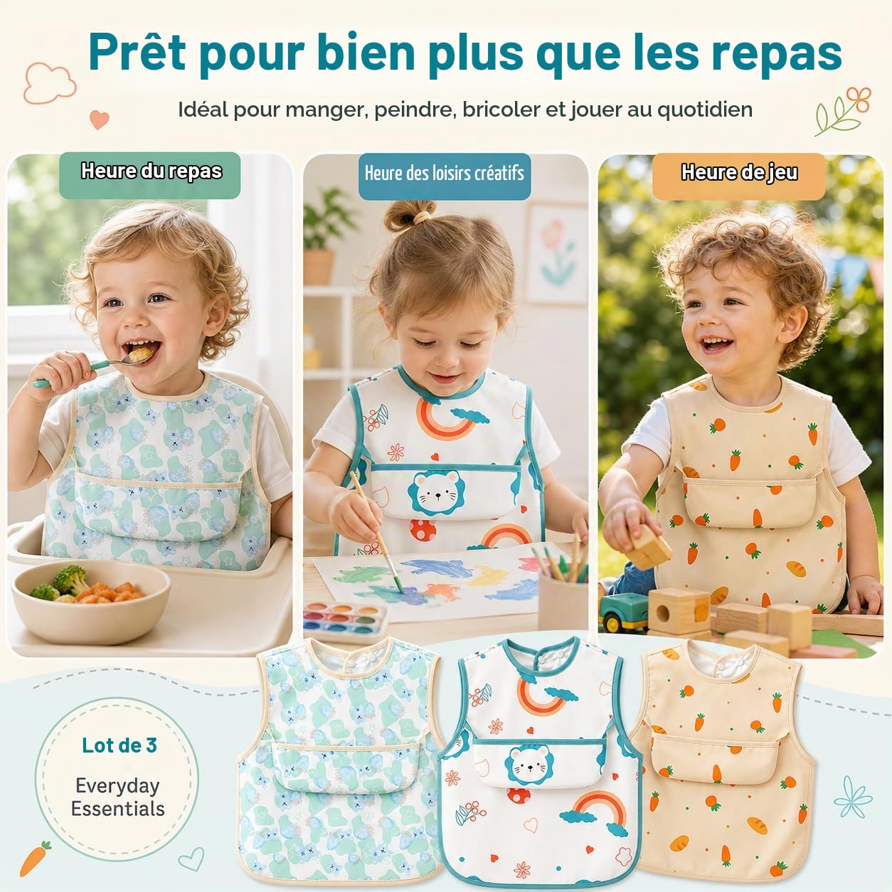 Lot de 3 Bavoirs Tablier Bébé Imperméables, Bavoir Plastique Enfant avec Poche Récupératrice, Tablier Repas Sans Manches, Bavette Bébé Facile à Nettoyer pour Manger, Peindre, Jouer, 2-4 Ans