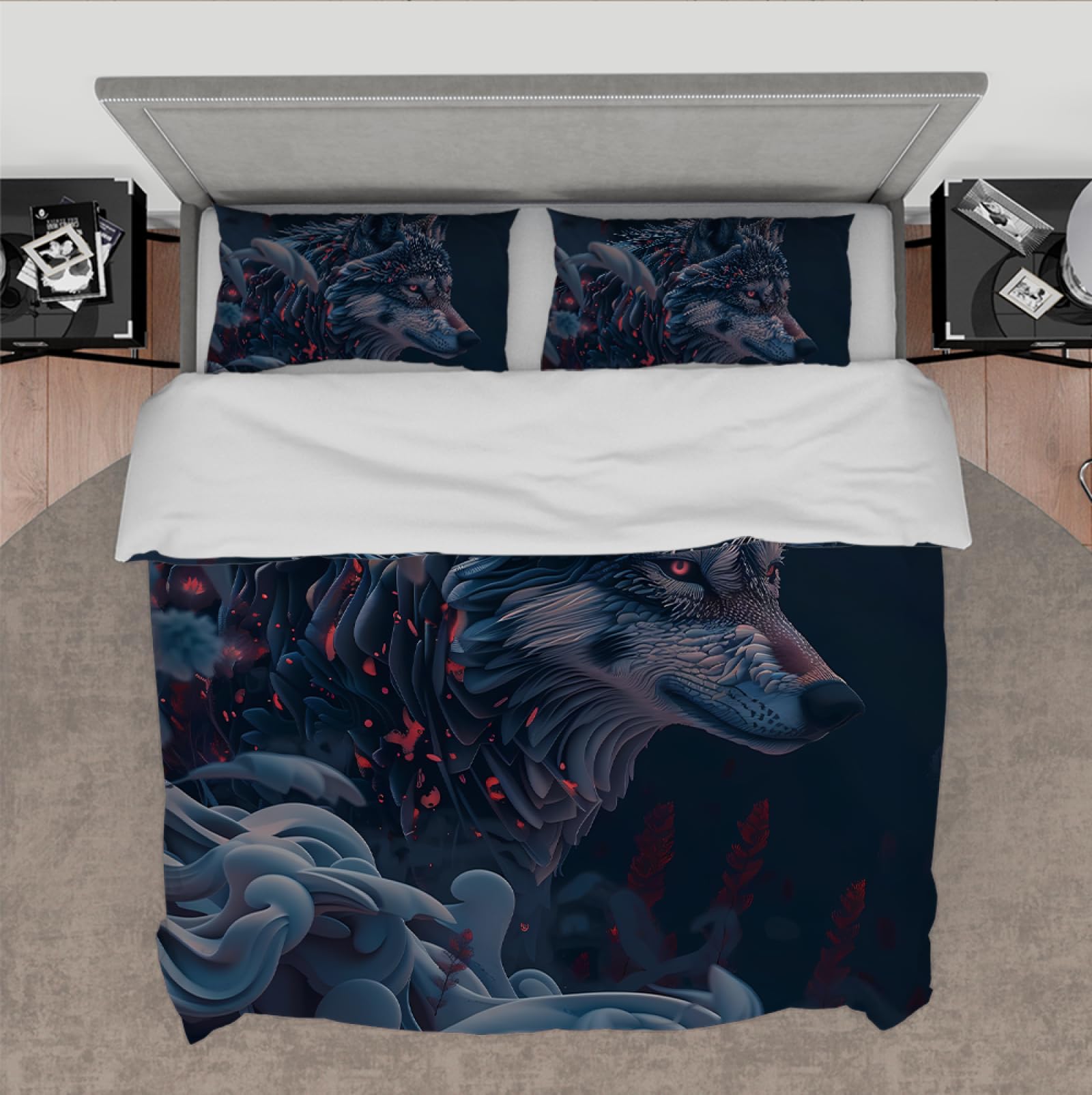 Cartoon Anime Design poszewka na kołdrę wilk zwierzę wzór poszewka na kołdrę oddychająca 3 szt. zestaw pościeli zamknięcie na zamek błyskawiczny 2 poszewki na poduszki czarne 160 x 200 cm