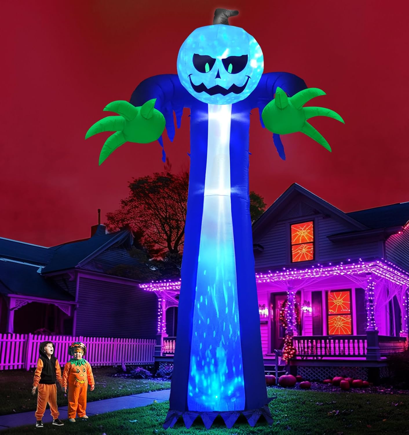 14 Ft Giant Halloween Inflatable Pumpkin Ghost with Rotating Blue Lights Outdoor Decoration Blow Up Pumpkin Ghost Halloween Decor for Yard Garden Lawn Holiday Party