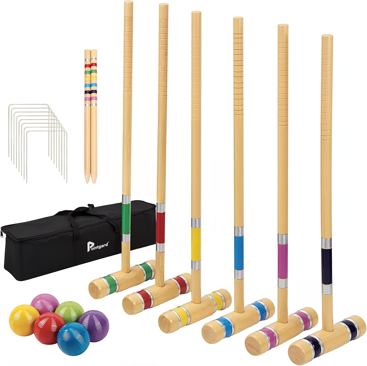 Pointyard Six Player Croquet Set, 28’’ Croquet Set with Wooden Mallets/Colored Ball/Wickets/Stakes for Adults/Teenager/Family-Perfect for Lawn/Backyard Game/Park (Includes Carry Bag) Natural Wood