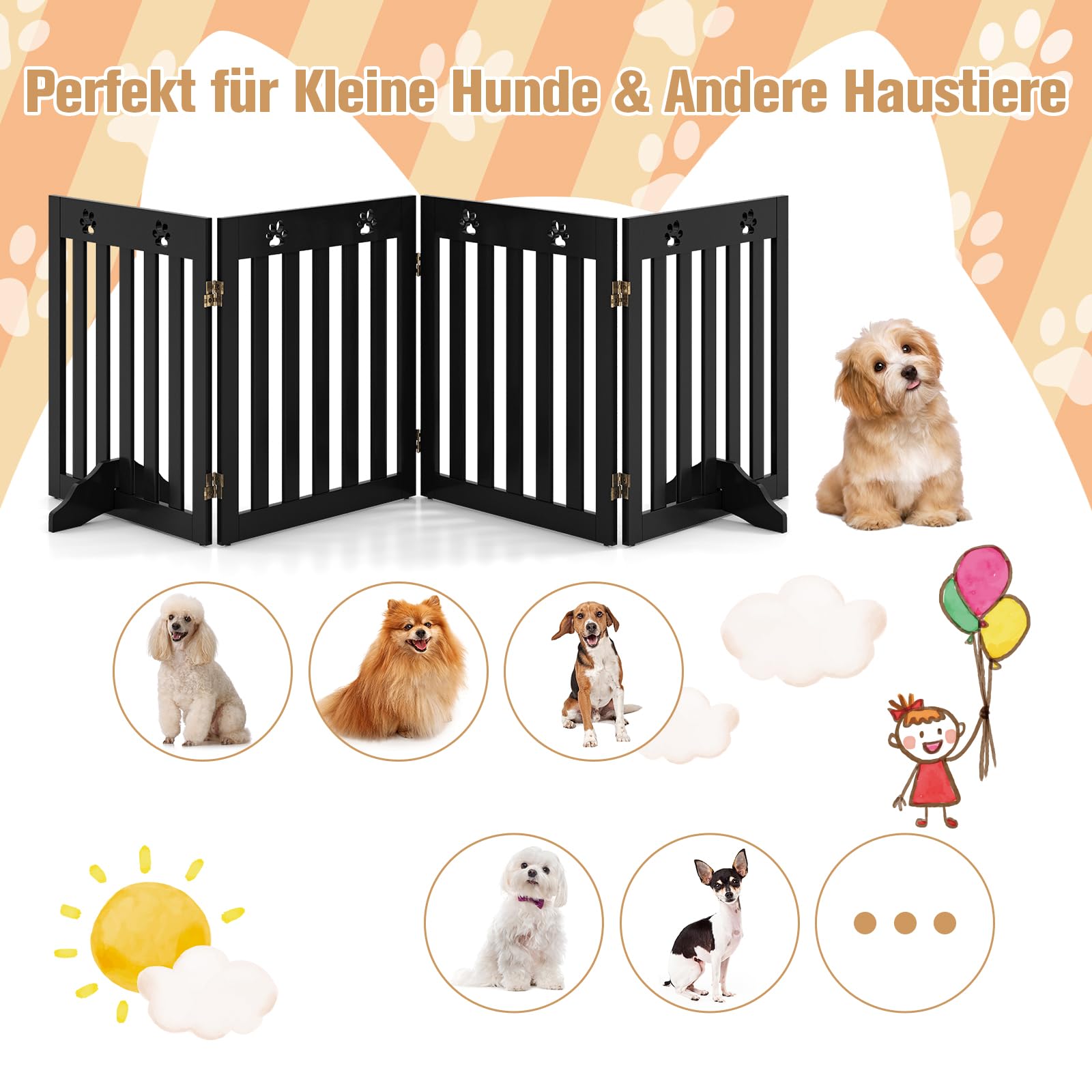 COSTWAY Absperrgitter Hunde, Schutzgitter Holz, Kindergitter klappbar, Treppengitter 60cm Hoch, Hundeabsperrgitter flexibel Türschutzgitter (4 Paneelen, Braun)