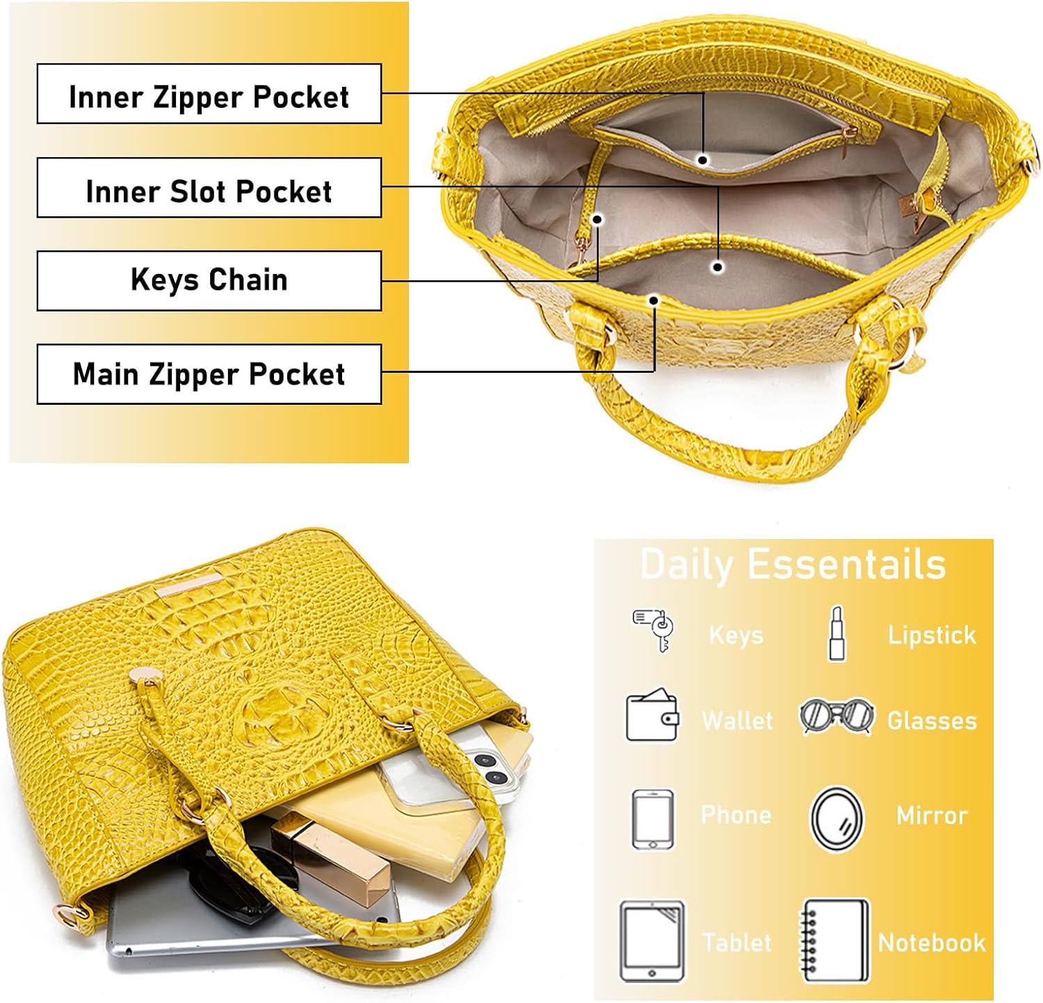 Ladies Tote Leather Bags for Women Crocodile Embossed Zipper Satchel Purse Elegant Compartments Crossbody Work - Image 4