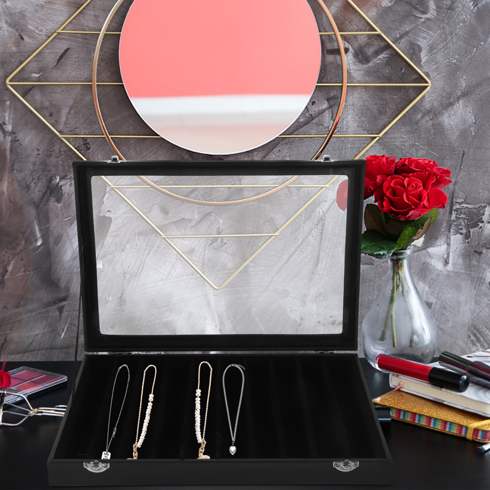 MAGICLULU Schmuckkästchen mit Glasdeckel Stapelbare Schmuckablage für Halsketten Armbänder Ohrringe und Ringe zur Aufbewahrung und Präsentation